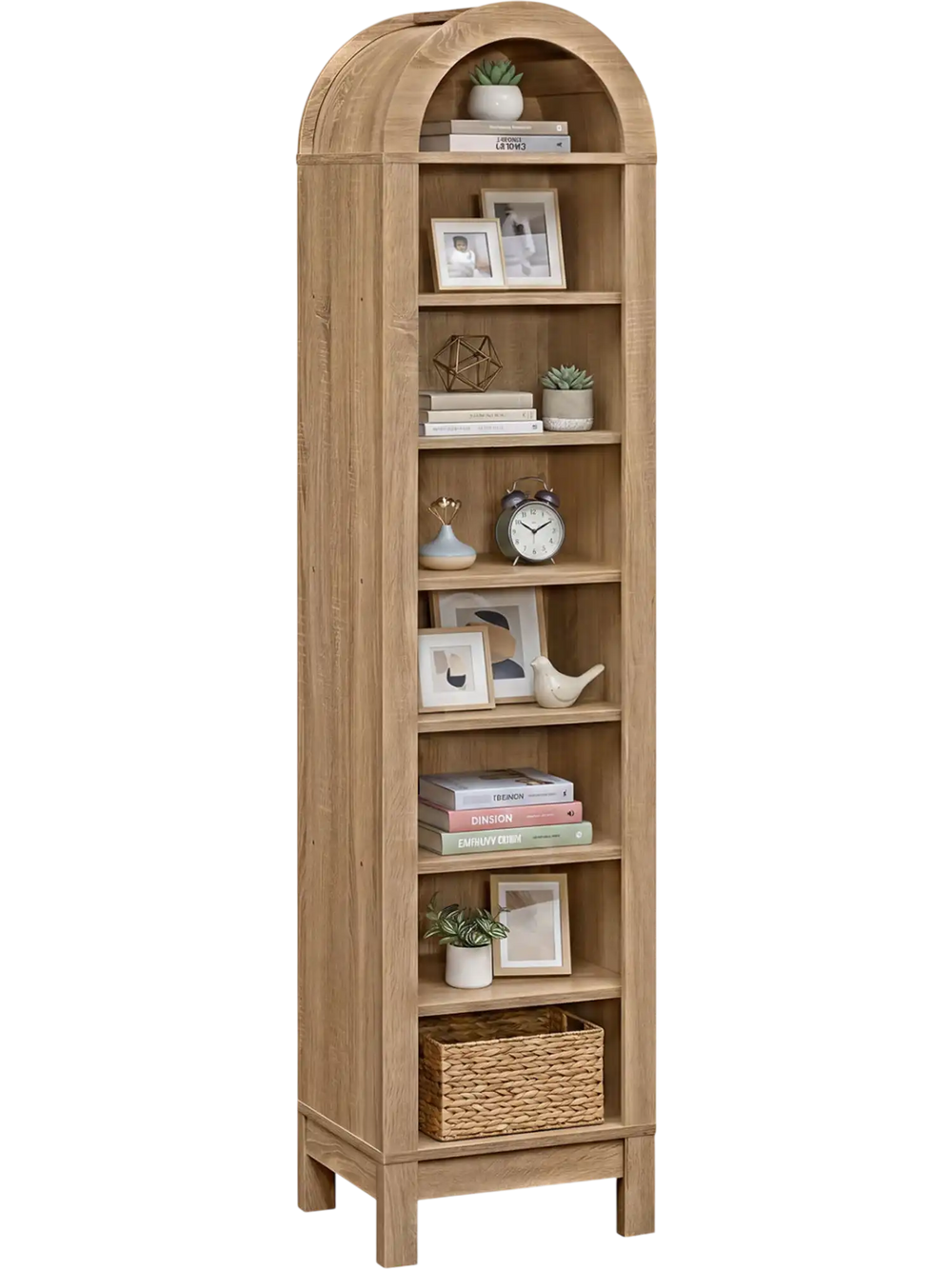 8-tier modern arch bookshelf in natural finish with 3 adjustable shelves for stylish storage and display.