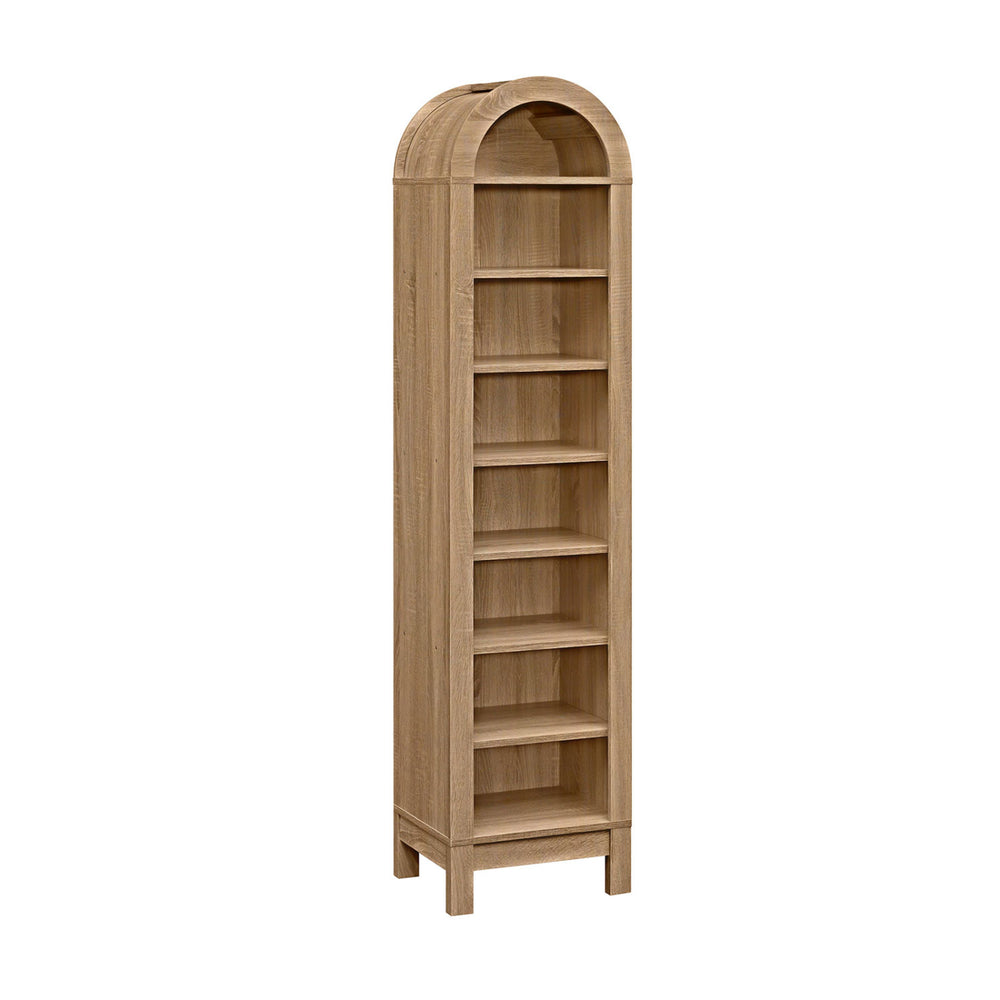 8-tier modern arch bookshelf in natural finish with 3 adjustable shelves for versatile storage solutions.