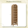 8-tier modern arch bookshelf in natural finish, featuring 3 adjustable shelves and dimensions of 71" x 14" x 17".