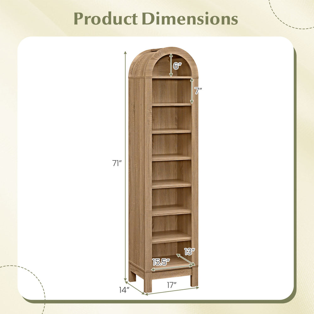 8-tier modern arch bookshelf in natural finish, featuring 3 adjustable shelves and dimensions of 71" x 14" x 17".