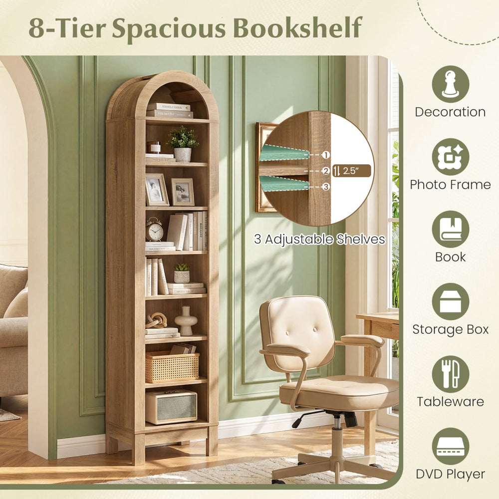 8-tier modern arch bookshelf in natural finish with 3 adjustable shelves, perfect for storing books and decor.