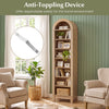 8-tier modern arch bookshelf in natural finish with adjustable shelves, designed for home safety and style.