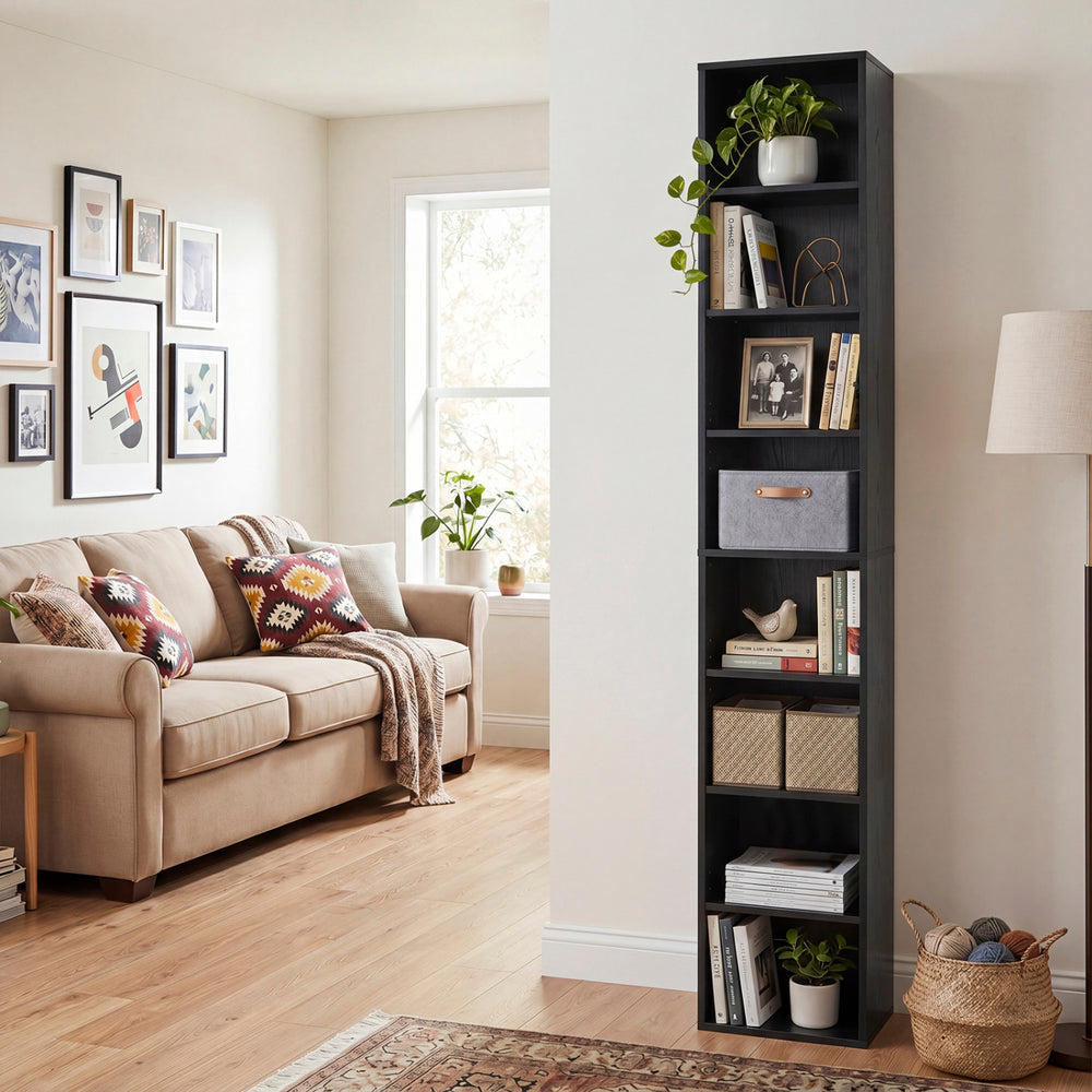 8-Tier Narrow Bookshelf with 4 Adjustable Shelves and Storage Cubes-Black - Gallery View 1 of 9