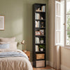 Narrow black 8-tier bookshelf features 4 adjustable shelves and storage cubes, perfect for small spaces in bedrooms.
