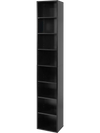 Narrow 8-tier black bookshelf with 4 adjustable shelves and storage cubes, ideal for small spaces and organized storage.