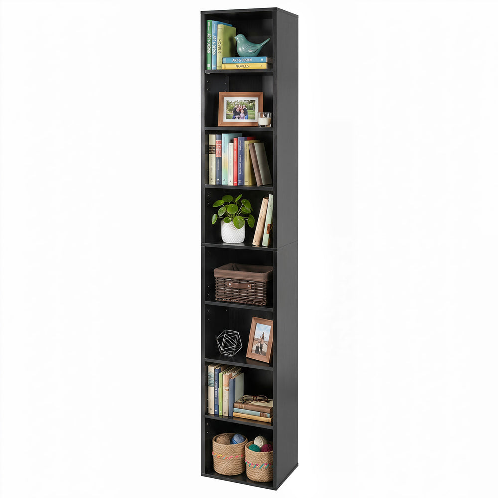 Narrow black 8-tier bookshelf with 4 adjustable shelves and storage cubes, perfect for small spaces and organized storage.