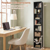 Narrow 8-tier bookshelf in black features 4 adjustable shelves and storage cubes, ideal for small spaces and organization.