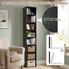 Narrow 8-tier black bookshelf with 4 adjustable shelves and 2 anti-toppling kits for stability and safety in small spaces.
