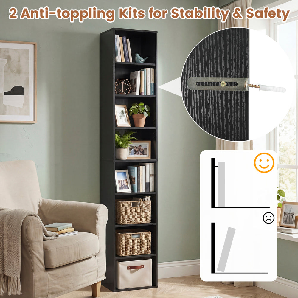 Narrow 8-tier black bookshelf with 4 adjustable shelves and 2 anti-toppling kits for stability and safety in small spaces.