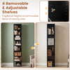 Narrow black 8-tier bookshelf with 4 adjustable shelves for versatile storage in small spaces.
