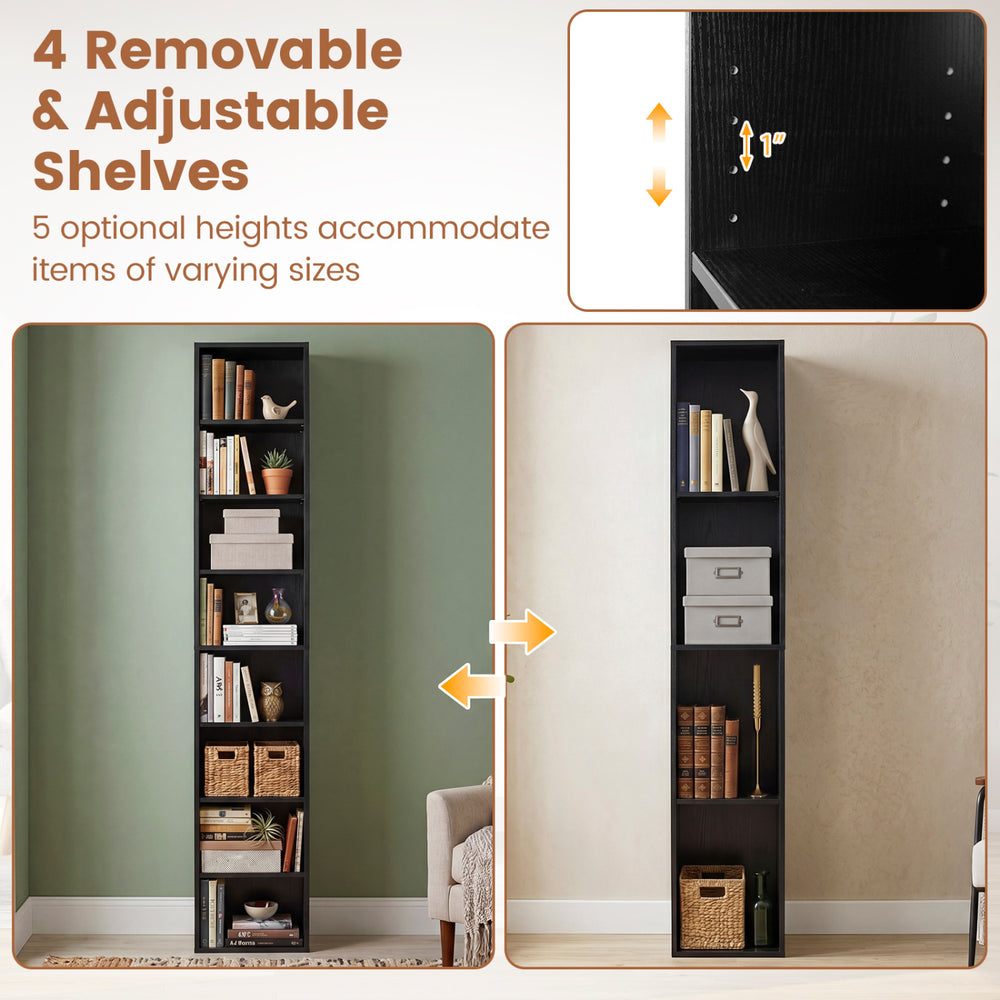 Narrow black 8-tier bookshelf with 4 adjustable shelves for versatile storage in small spaces.