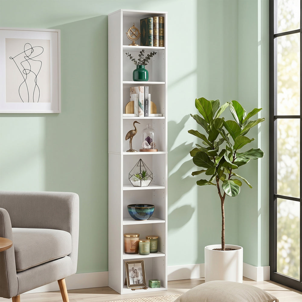 8-Tier Narrow Bookshelf with 4 Adjustable Shelves and Storage Cubes-White - Gallery View 1 of 8