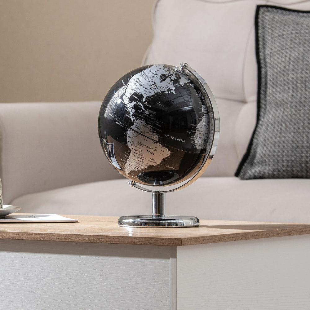 Modern 8" black and silver decorative tabletop globe with 360° rotation, perfect for home or office decor.