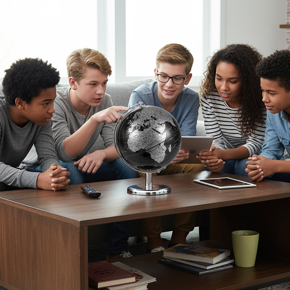 Modern 8" black and silver decorative tabletop globe with detailed geographic features, perfect for home or office use.