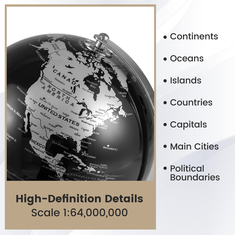 8" modern decorative tabletop globe with polished black and silver finish, showing detailed geographic features for.