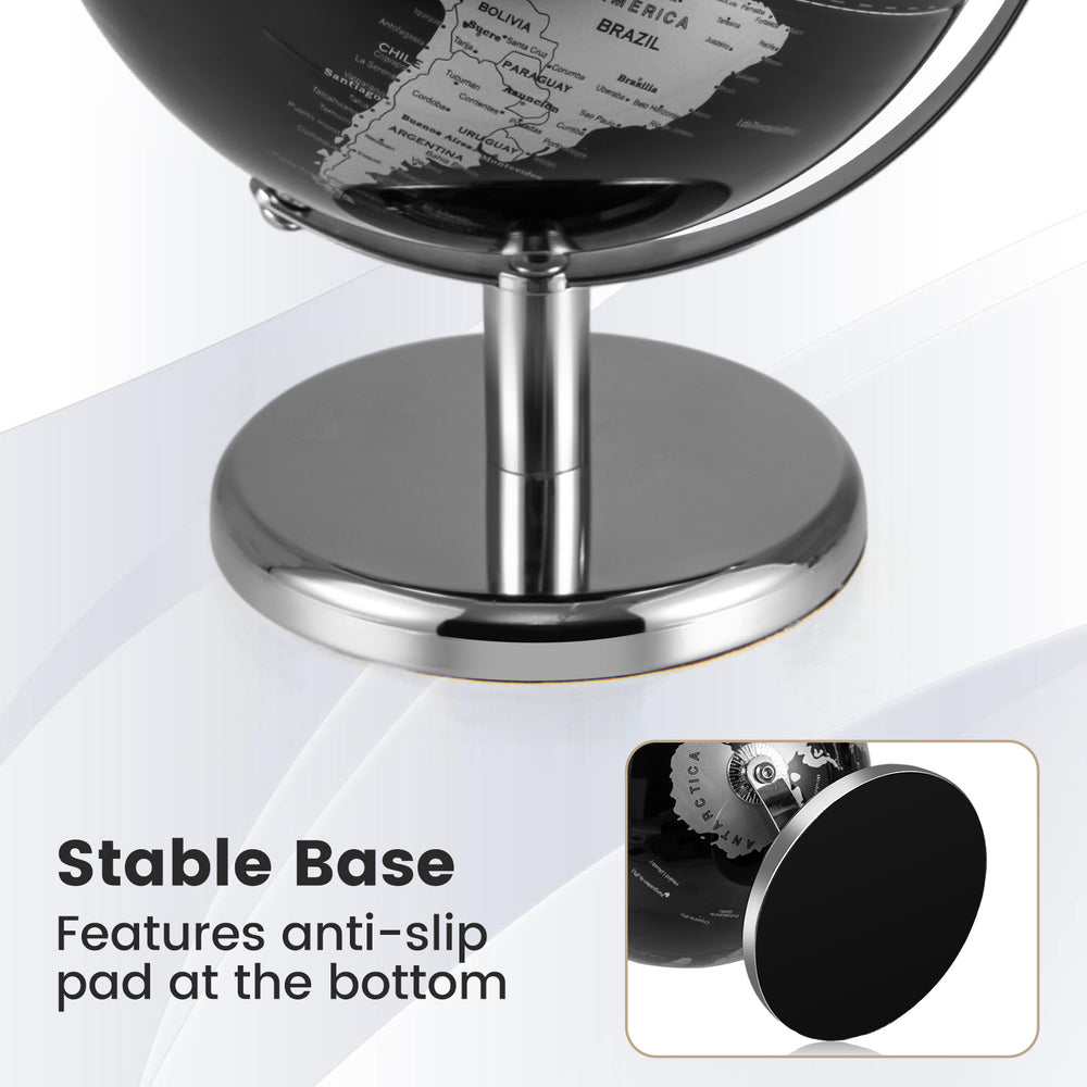 Stable base of the 8" world globe with anti-slip pad, featuring a polished silver finish for elegant tabletop display.