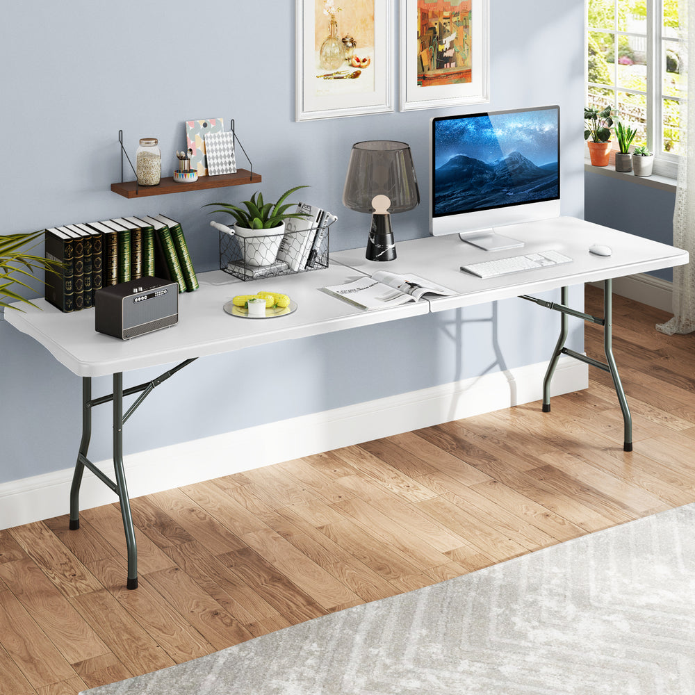8 ft Portable Folding Table 350 LBS Fold-in-Half Table with HDPE Tabletop-White - Gallery View 1 of 10