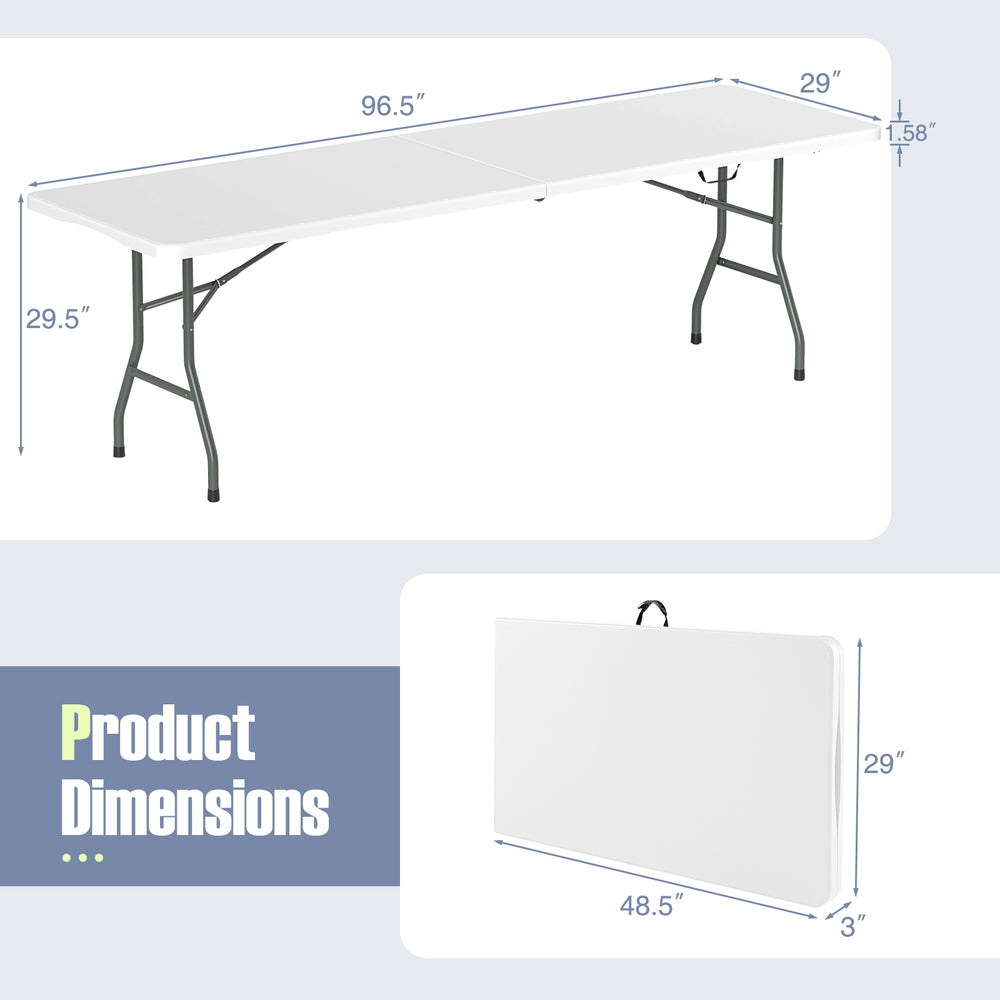 8 ft portable folding table with HDPE tabletop, featuring a fold-in-half design and sturdy metal legs for versatile use.