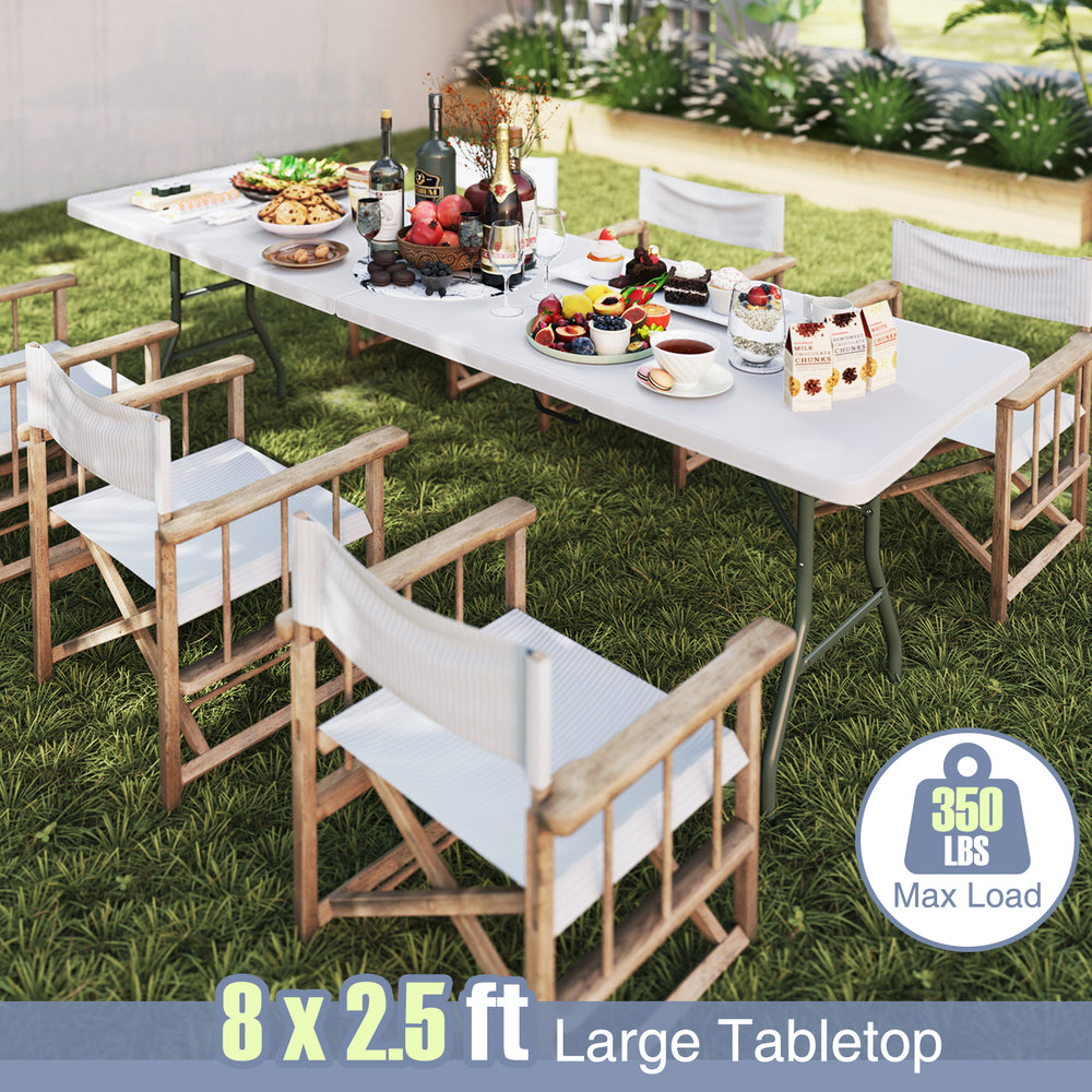 Large 8 x 2.5 ft portable folding table with HDPE tabletop, supports 350 lbs, ideal for outdoor gatherings.
