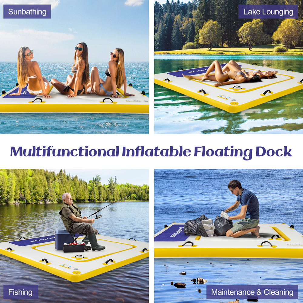 Multifunctional 8 ft x 8 ft inflatable dock platform for sunbathing, fishing, and lake lounging with portable design.