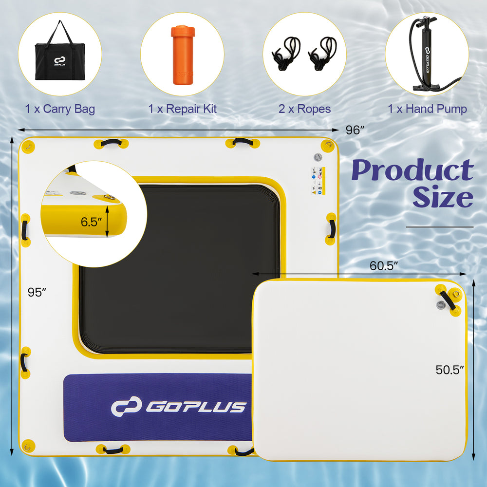 Inflatable dock platform measuring 8 ft x 8 ft, featuring reinforced PVC, non-slip EVA pad, and portable design for.