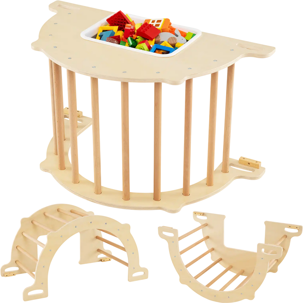 8-in-1 climbing arch sensory table in natural wood with collapsible storage bin for kids aged 3+, ideal for play and.
