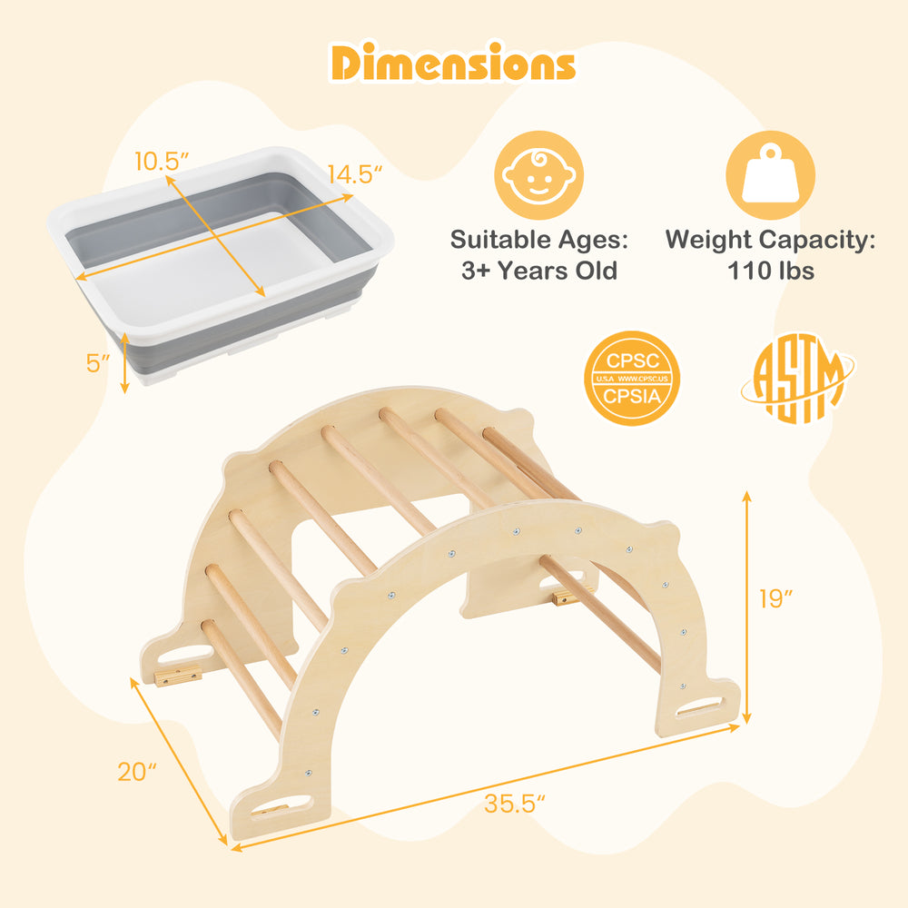 8-in-1 climbing arch sensory table for kids with collapsible storage bin, made of solid beech wood, for ages 3+.