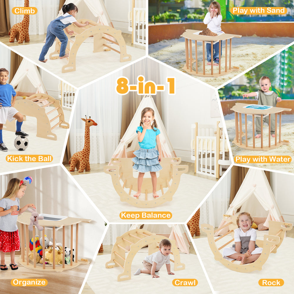 8-in-1 climbing arch sensory table in natural wood, featuring collapsible storage bin for kids aged 3+, ideal for play.