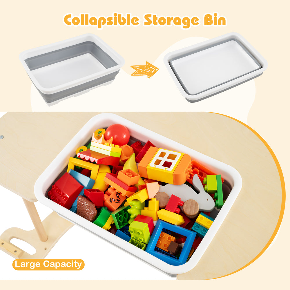 Collapsible storage bin filled with colorful toys, designed for the 8-in-1 climbing arch sensory table for kids.