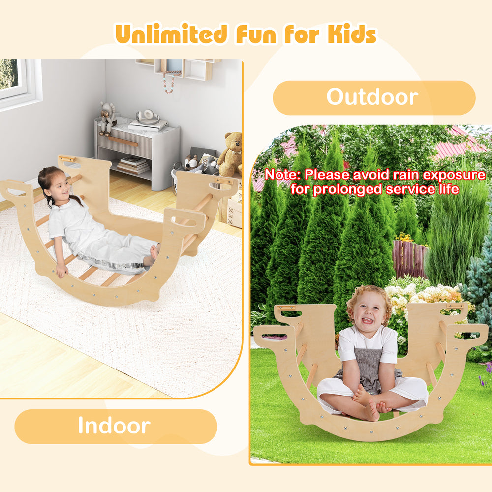8-in-1 climbing arch sensory table for kids, made of solid beech wood, suitable for indoor and outdoor play.