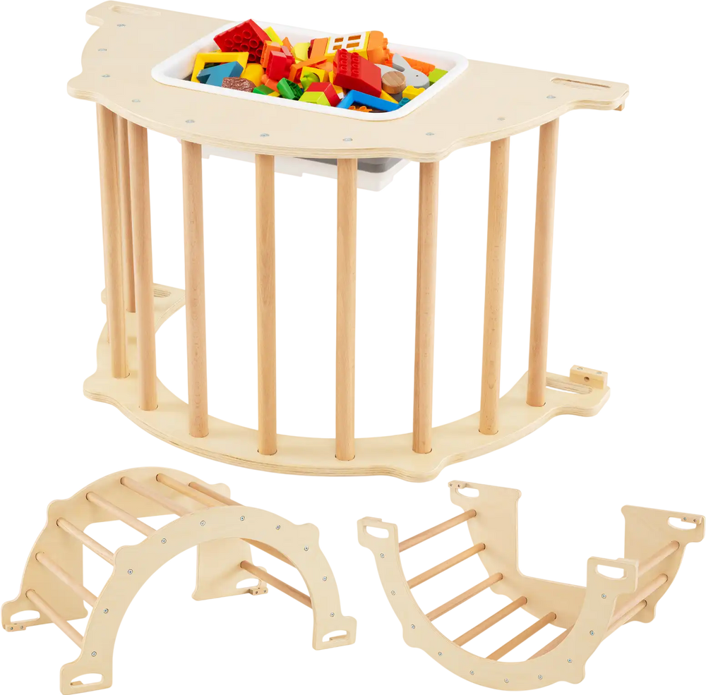 8-in-1 climbing arch sensory table in natural wood with collapsible storage bin for kids' toys and play activities.