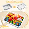 Collapsible storage bin filled with colorful toys, designed for the 8-in-1 climbing arch sensory table for kids.