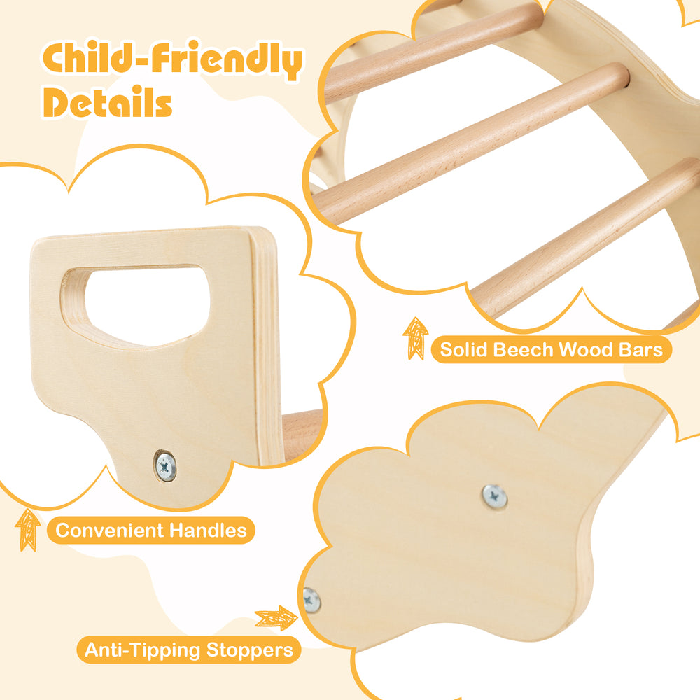 Child-friendly details of the 8-in-1 climbing arch, featuring solid beech wood bars and convenient handles for kids.
