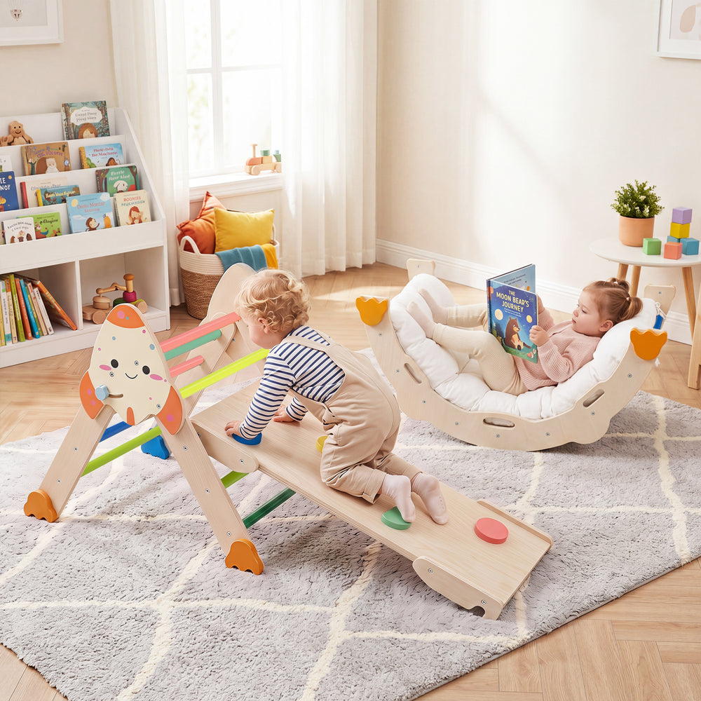 Rocket-themed 8-in-1 foldable climbing toys for toddlers, featuring a balance bridge and stable beech wood for safe play.