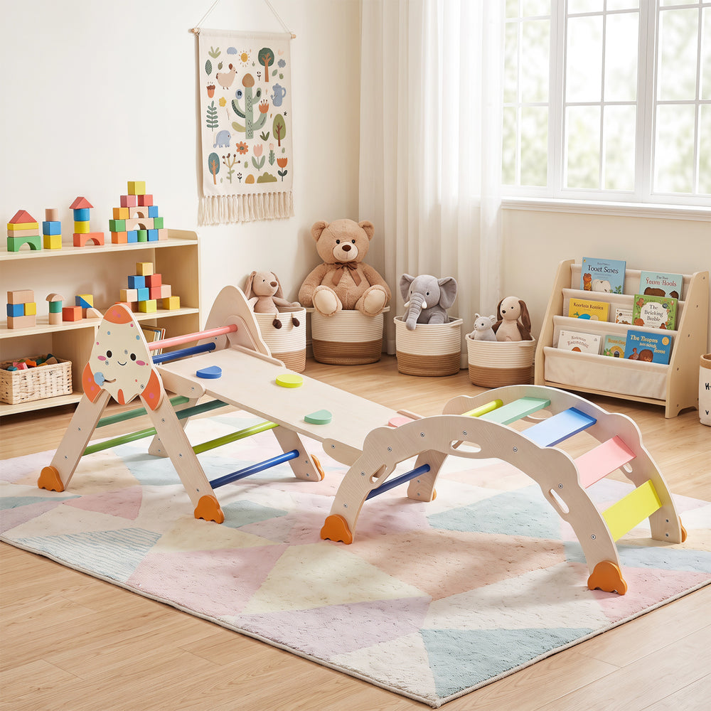 Colorful 8-in-1 foldable climbing toys for toddlers, featuring a balance bridge and stable beech wood bars for safe play.