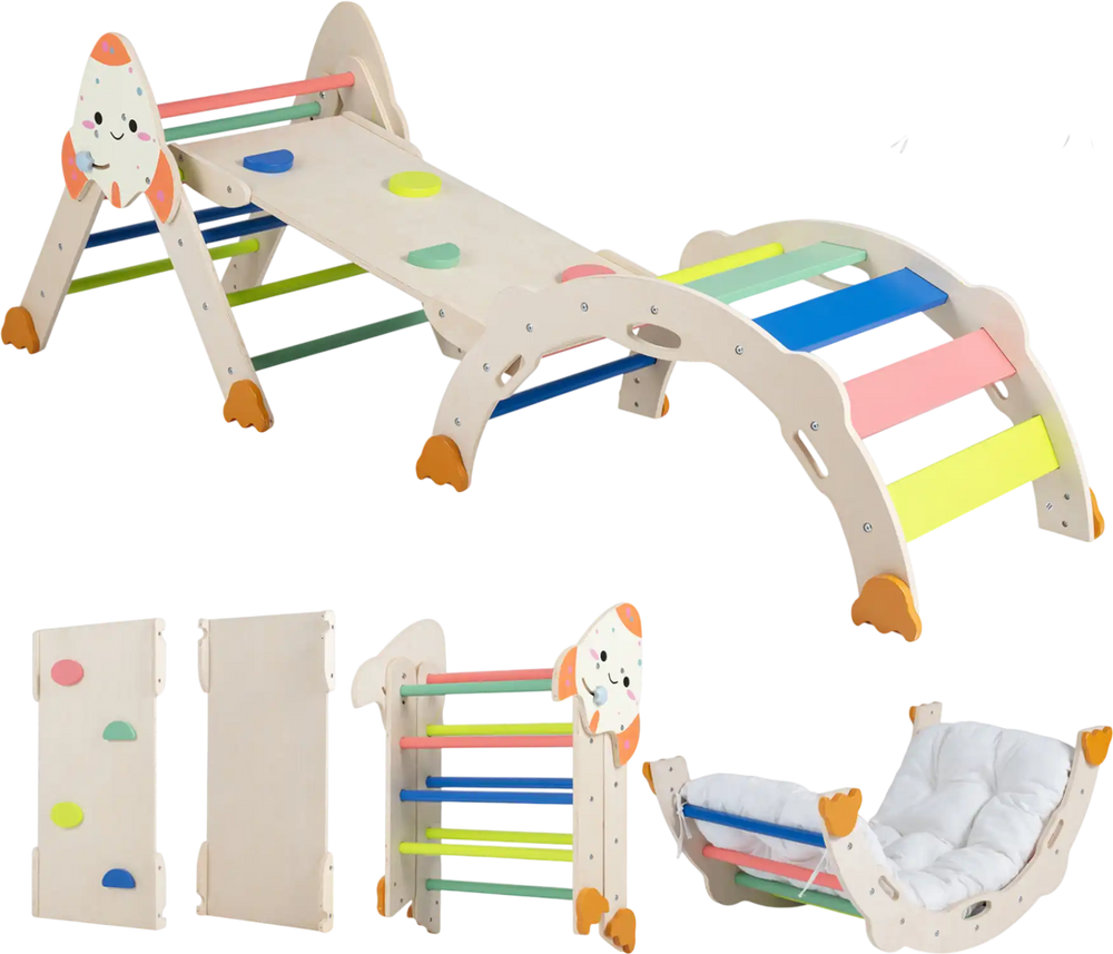 Multicolor 8-in-1 foldable climbing toys for toddlers featuring a balance bridge, designed for indoor play and skill development.