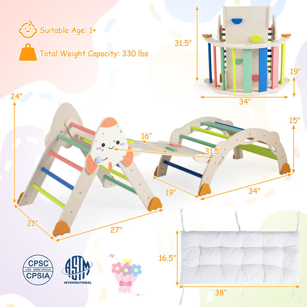 Foldable 8-in-1 climbing toys for toddlers featuring multicolor beech wood design, ideal for indoor play and skill development.