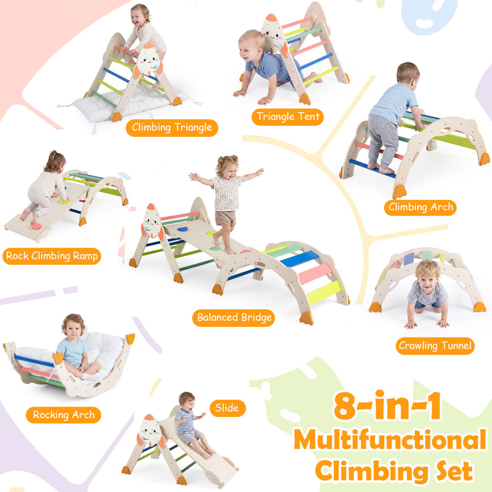 Multicolor 8-in-1 foldable climbing set with stable beech wood, featuring a slide, balance bridge, and crawling tunnel for toddlers.