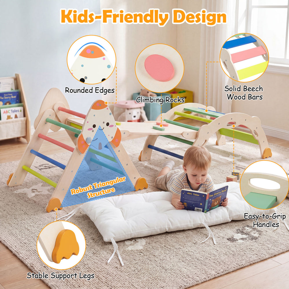 Foldable 8-in-1 climbing toys with stable beech wood bars and rounded edges, designed for safe indoor play for toddlers.