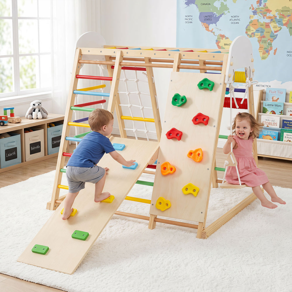 Colorful 8-in-1 foldable indoor jungle gym features a swing, climbing wall, and monkey bars for kids' active play.