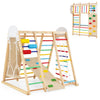 Colorful 8-in-1 foldable indoor jungle gym for kids features solid wood, swing, monkey bars, and climbing elements.