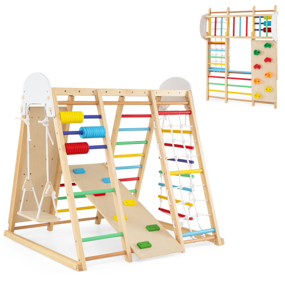 Colorful 8-in-1 foldable indoor jungle gym for kids features solid wood, swing, monkey bars, and climbing elements.