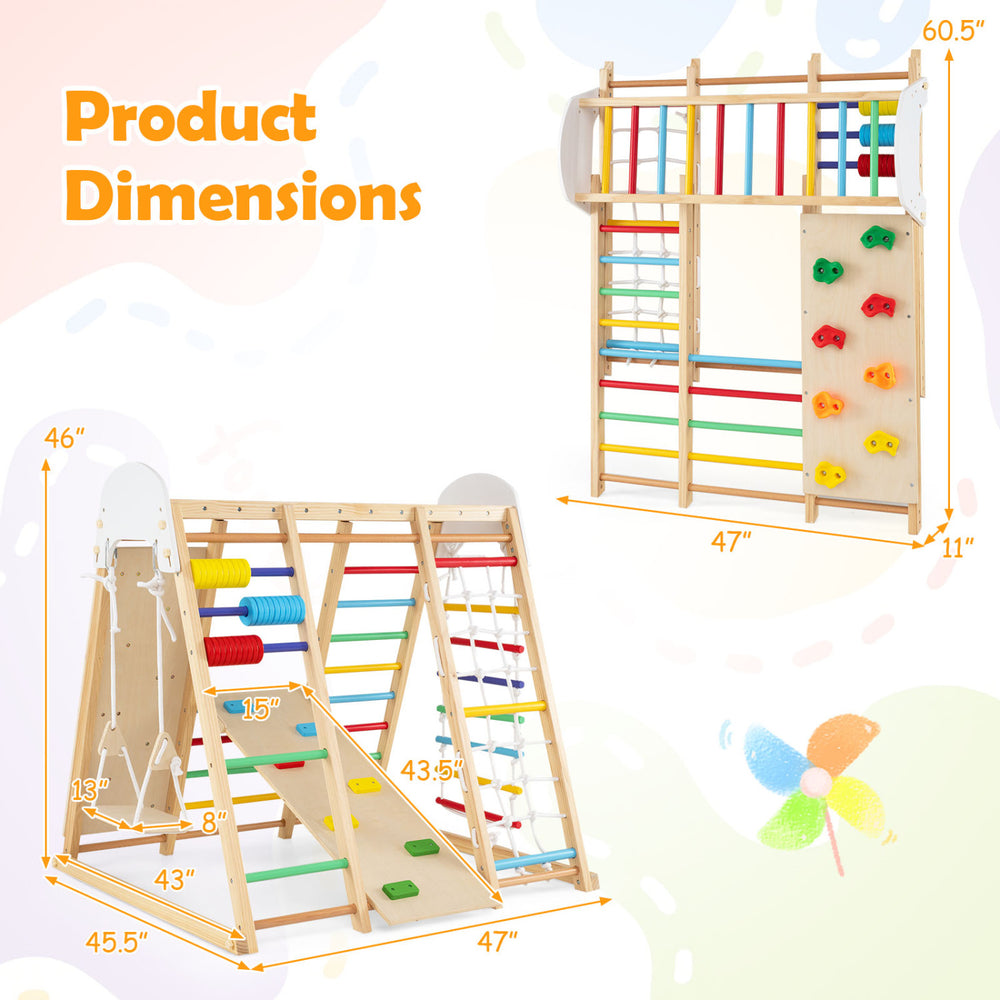 Colorful 8-in-1 foldable indoor jungle gym for kids featuring a swing, monkey bars, and climbing elements for active play.