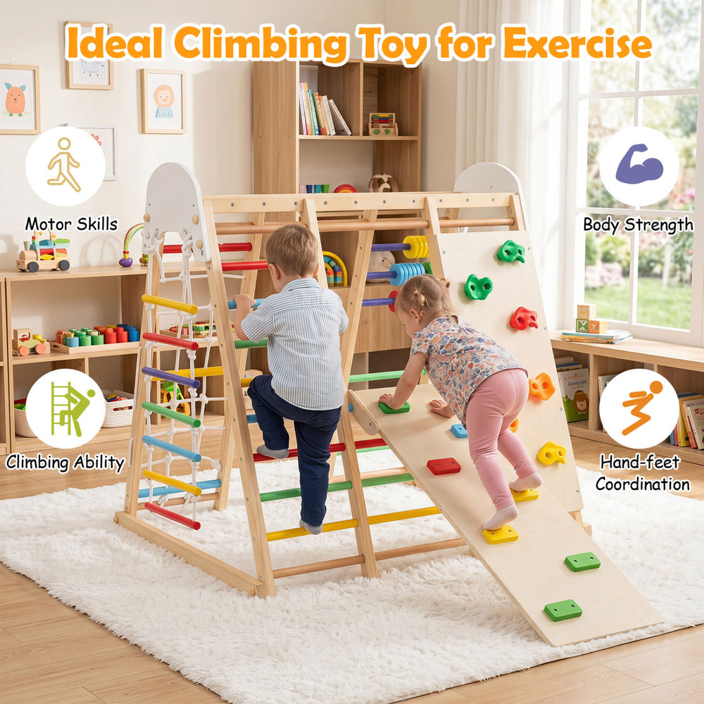 Colorful 8-in-1 foldable indoor jungle gym for kids featuring climbing, swing, and monkey bars for exercise and fun.