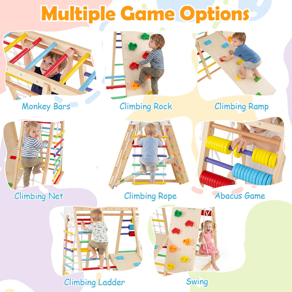 Colorful 8-in-1 foldable indoor jungle gym for kids featuring monkey bars, climbing net, swing, and abacus game.