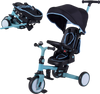 8-in-1 folding kids tricycle in blue with removable canopy, adjustable handlebar, and parent push handle for safety.