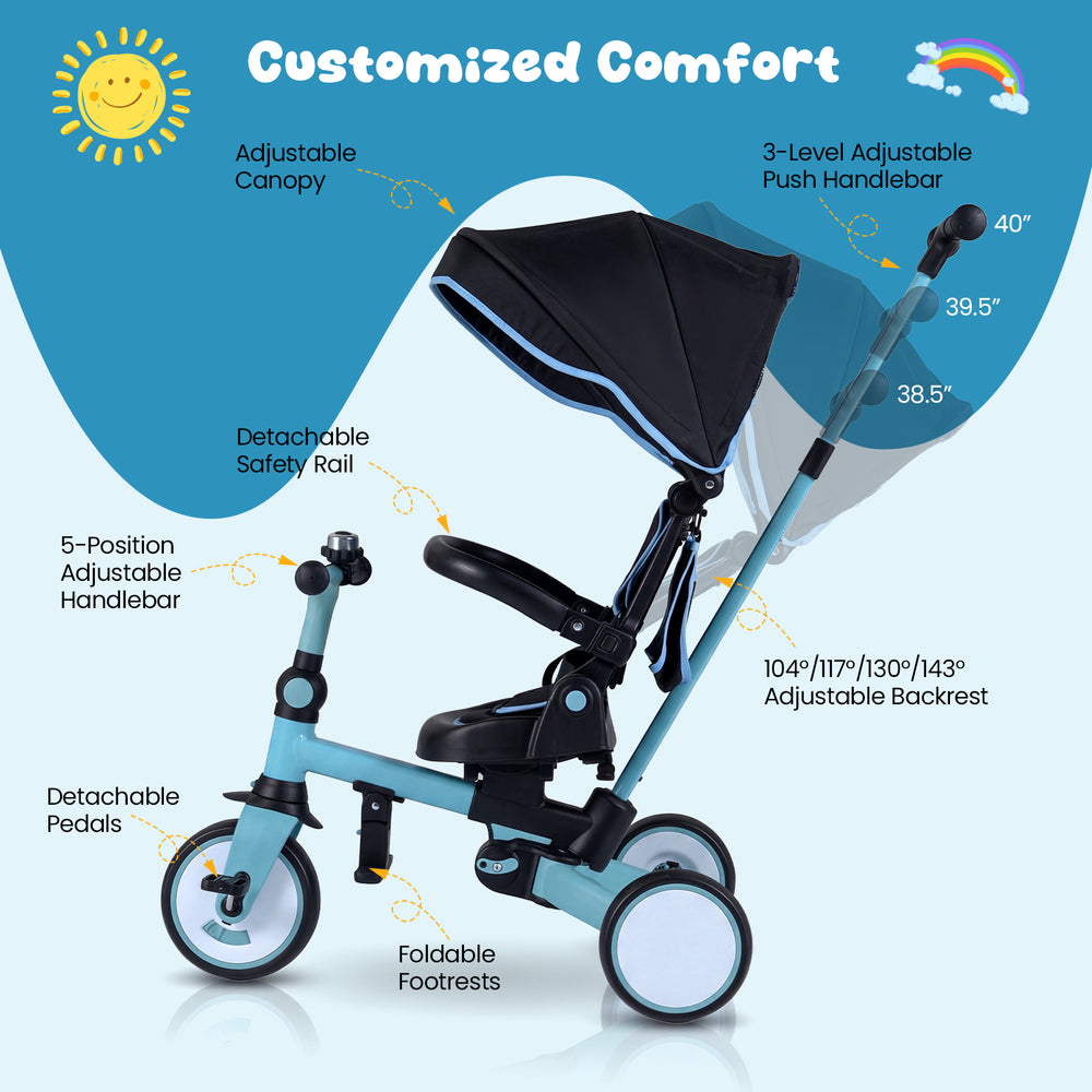 8-in-1 folding kids tricycle in blue with adjustable canopy, removable pedals, and parent steering handle for.