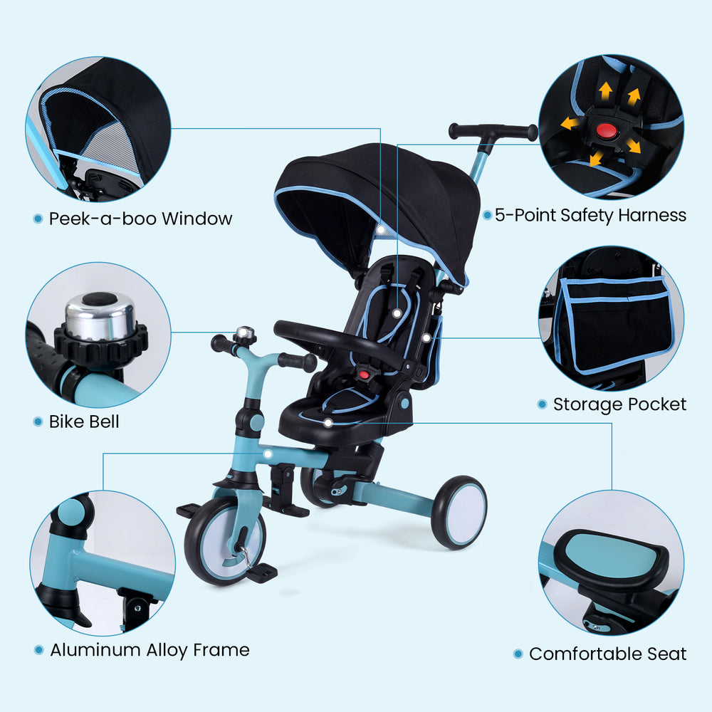 8-in-1 blue kids tricycle with removable canopy, adjustable features, and 5-point safety harness for secure rides.