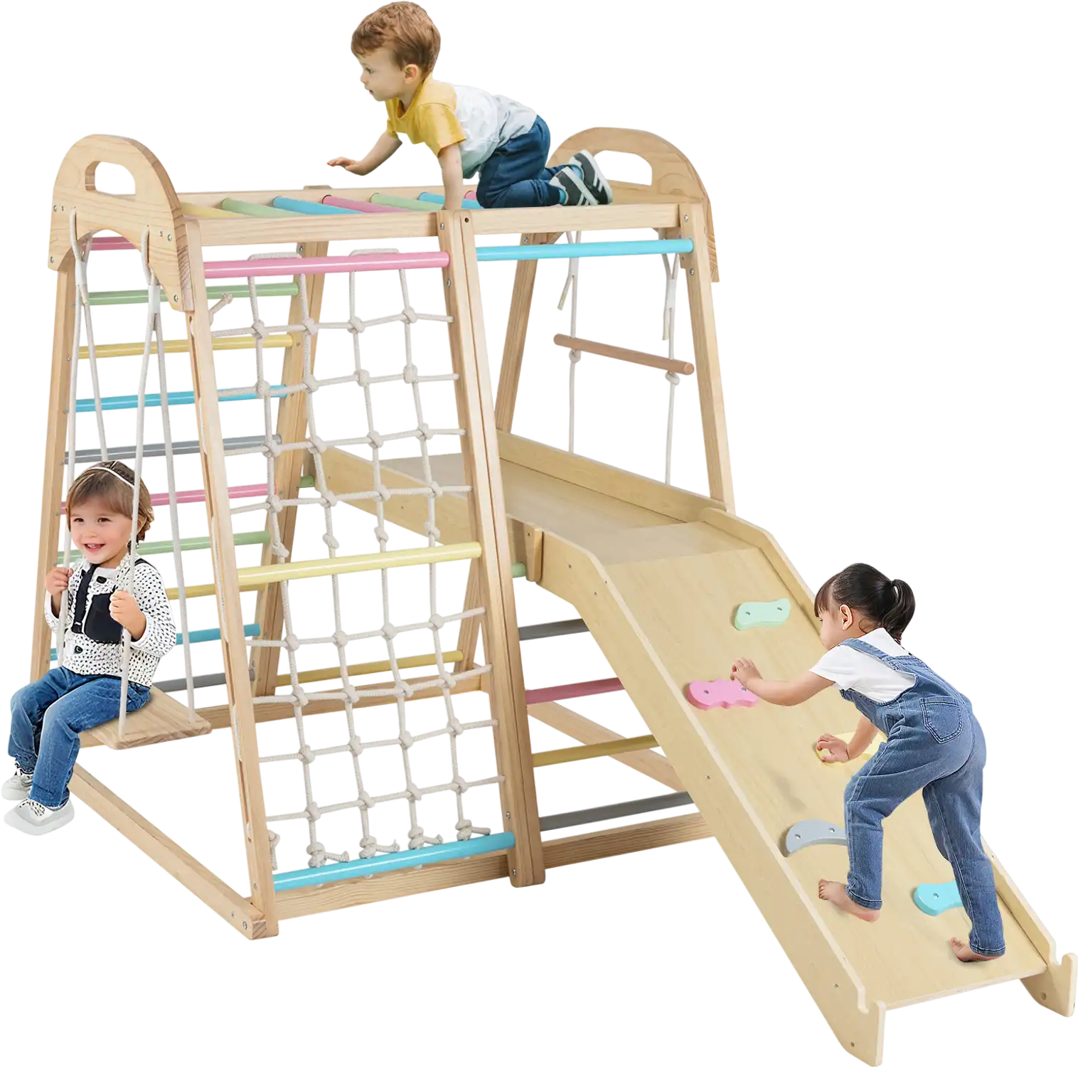 Costway 8-in-1 Wooden Montessori Jungle Gym Climber Playset with Slide Monkey Bar 69391411 New