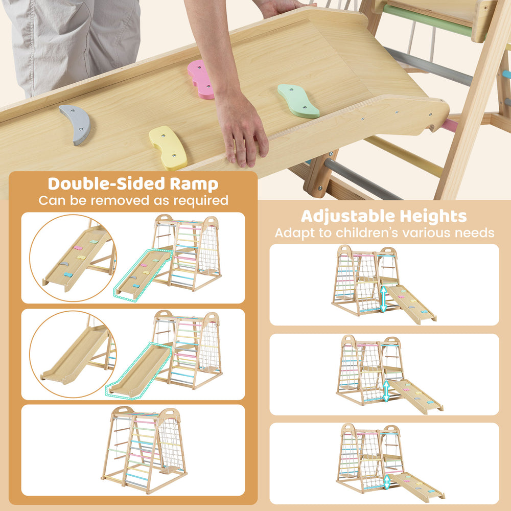 Removable double-sided ramp of the 8-in-1 Jungle Gym wooden climber, adjustable heights for kids' play.